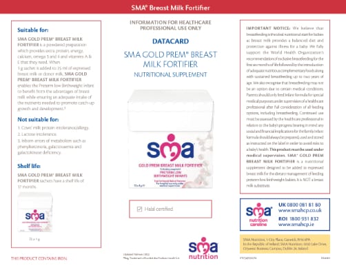 SMA Gold Prem Breast Milk Fortifier data card