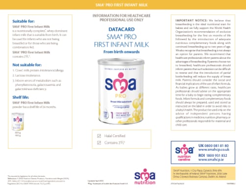 SMA PRO First Infant Milk data card
