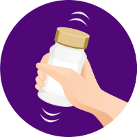 Illustration of a hand shaking a bottle on a purple background.