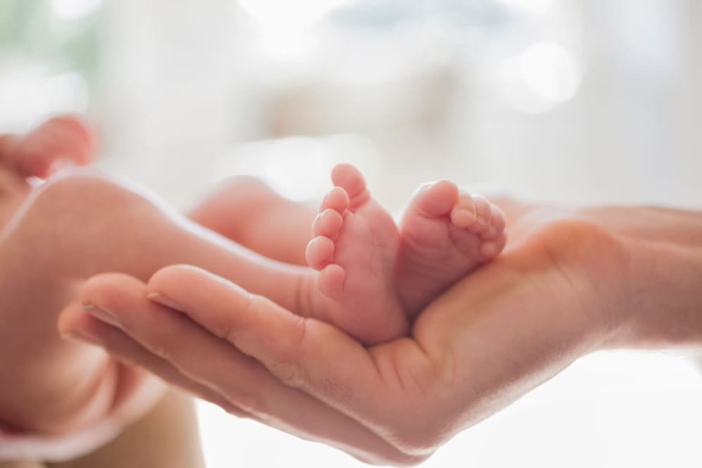 Adult hand supporting preterm baby feet