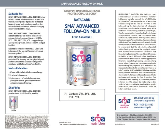 SMA ADVANCED Follow-on Milk Powder Data Card