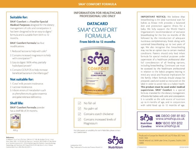 SMA Comfort Formula Powder Data Card