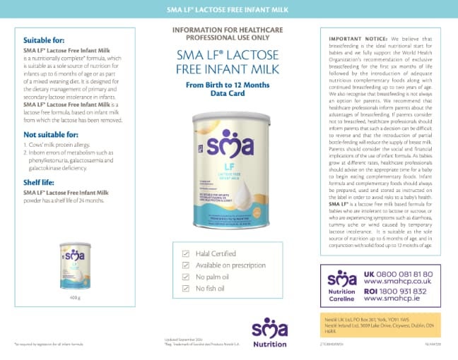 SMA LF Lactose Free Formula Data Card