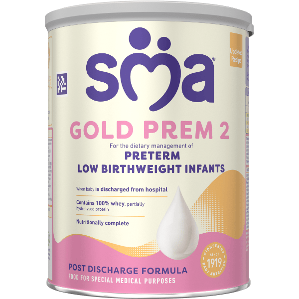 Tin of SMA Gold prem 2 Formula Powder, with a grey lid on a transparent background