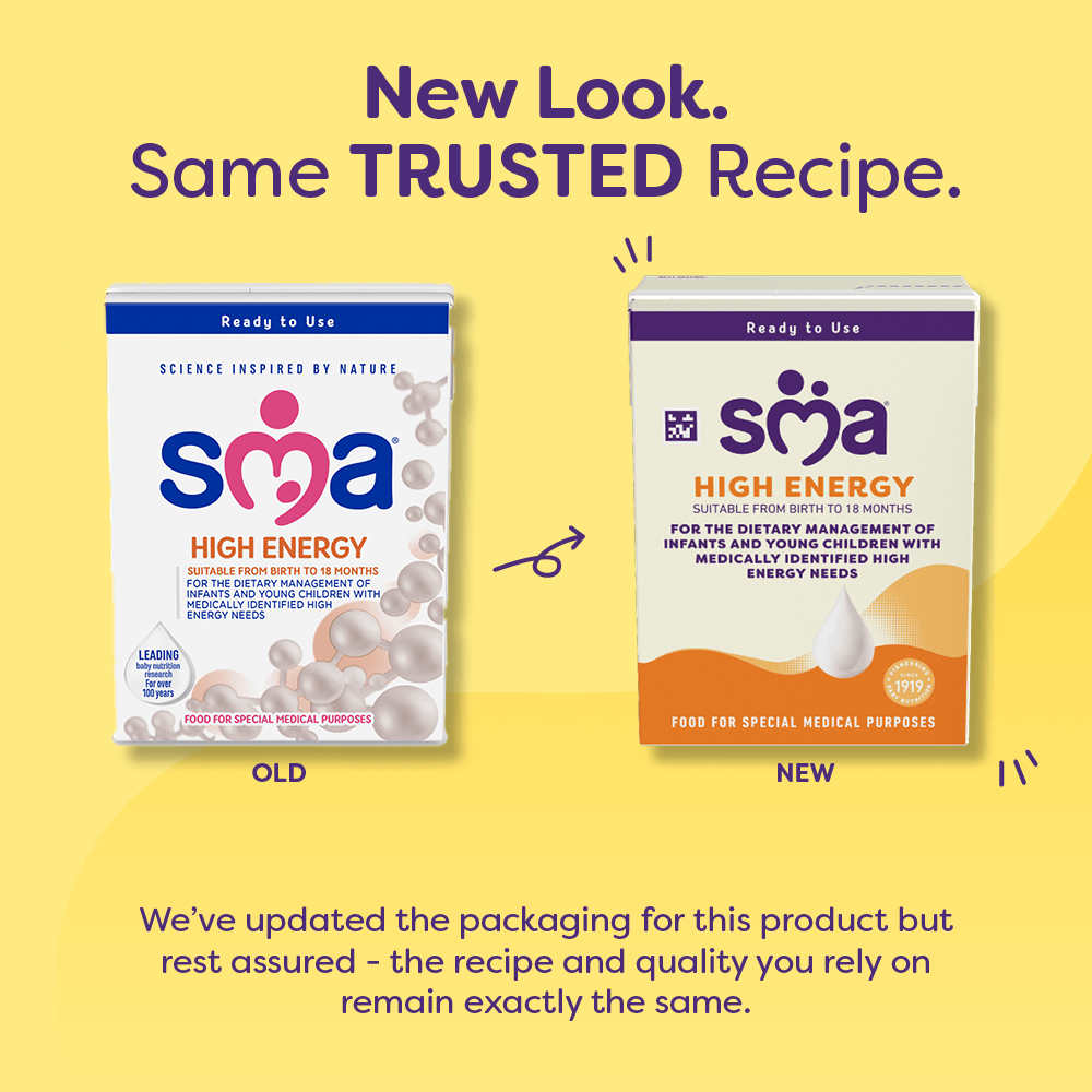 New look messaging showing both versions of packaging on a yellow background