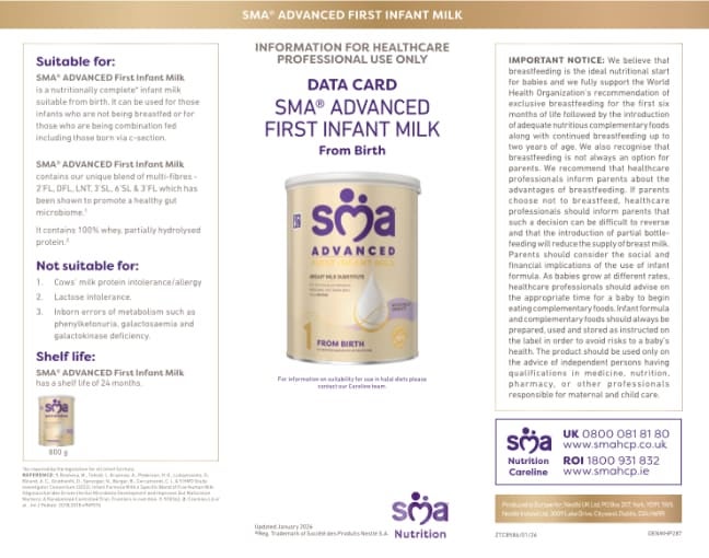 SMA ADVANCED First Infant Milk Powder Data Card