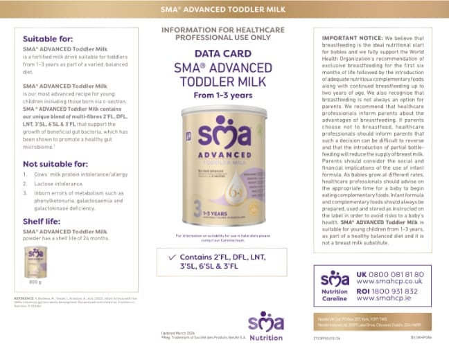 SMA ADVANCED Toddler Milk Powder Data Card